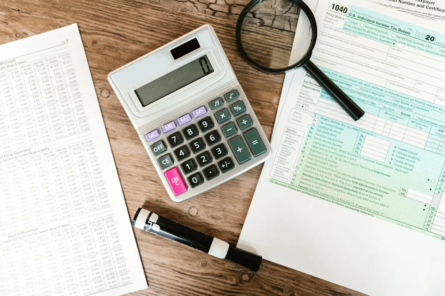 A calculator, a magnifying glass and a Form 1040 on a wooden desk