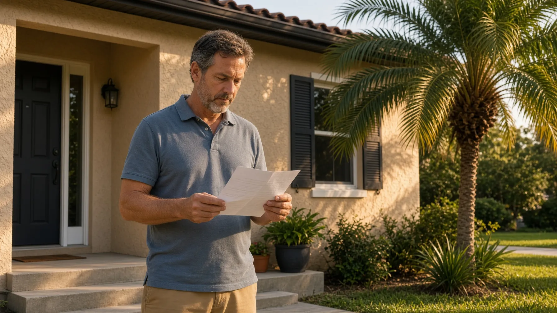 A homeowner on the front steps of a Florida house reading a property tax notice
