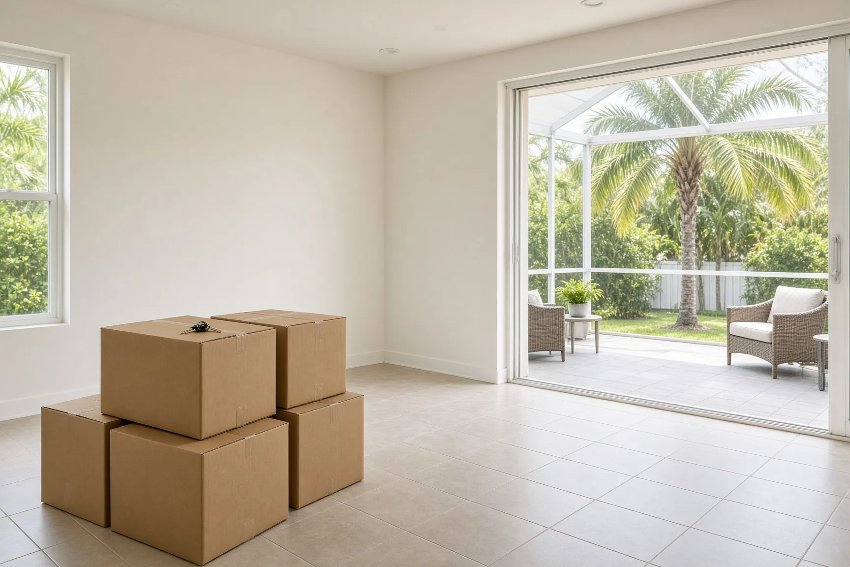 Moving boxes stacked in the living room of a newly bought Florida home